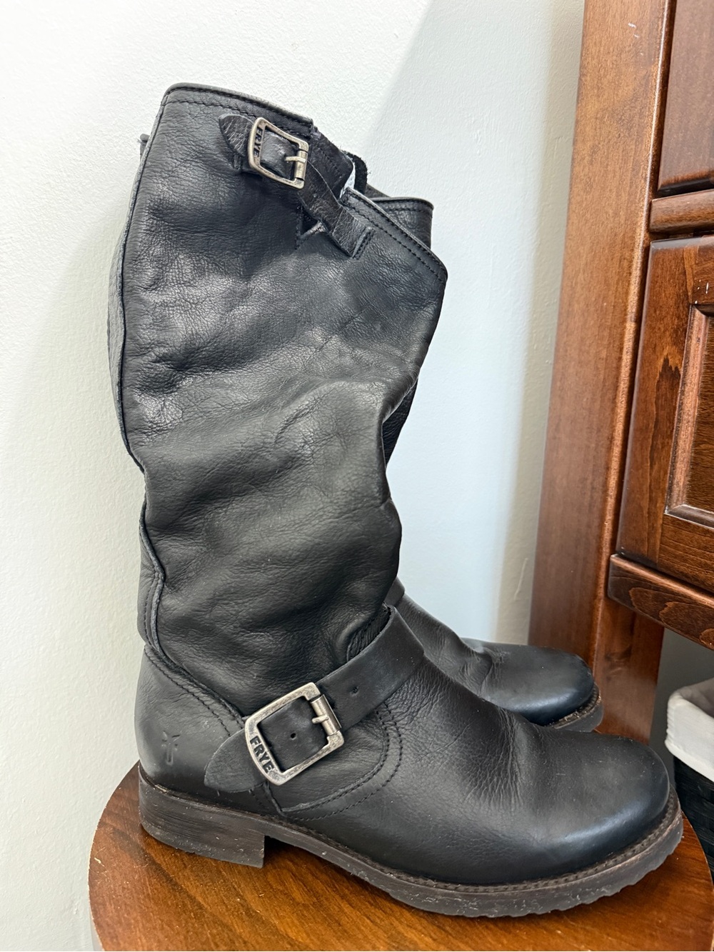 Frye Black Leather Mid-Calf Harness Moto Boots - Picture 3 of 8